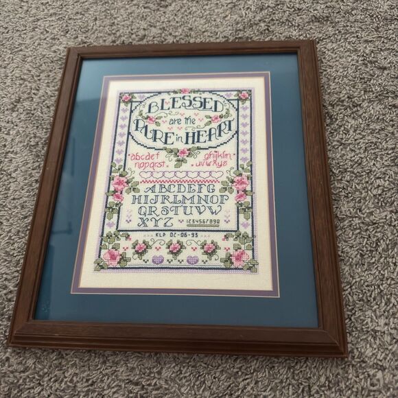 Unbranded Other - Vintage Framed Cross Stitch Sampler Blessed Are The Pure In Heart Alphabet Art